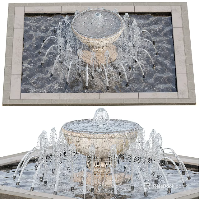 Beautiful Multi Tiered Stone Fountain With Water Spraying Jets In Garden Decor 3d model 