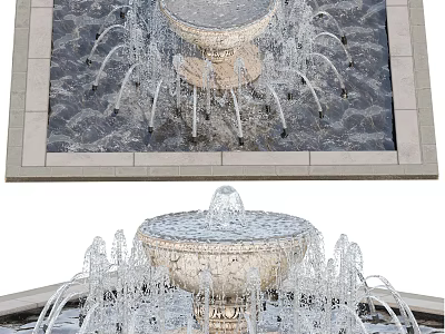 Beautiful Multi Tiered Stone Fountain With Water Spraying Jets In Garden Decor 3d model