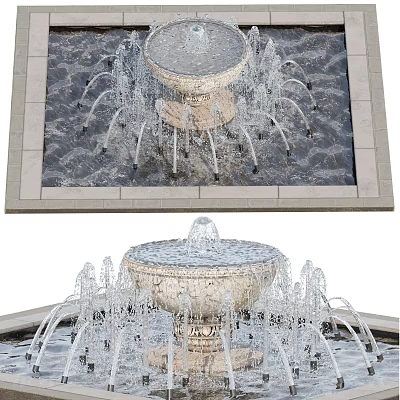Beautiful Multi Tiered Stone Fountain With Water Spraying Jets In Garden Decor 3d model
