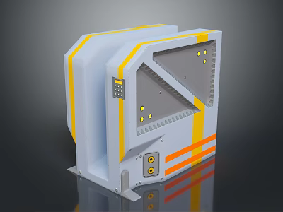 Modern Industrial Gate With Geometric Design Gray Yellow Orange Stripes And Control Panel Details 3d model