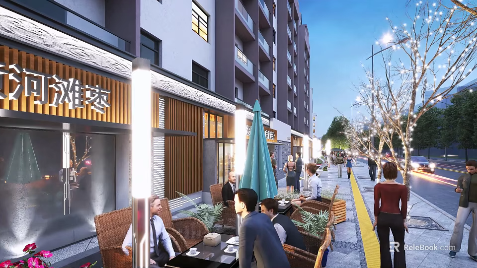 Lively Commercial Street With Multi Story Buildings Outdoor Seating Decorative Lights And Pedestrians 3d model 
