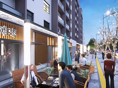 Lively Commercial Street With Multi Story Buildings Outdoor Seating Decorative Lights And Pedestrians 3d model