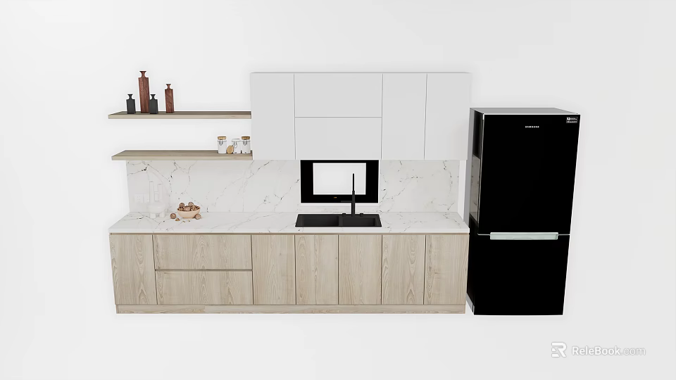 Modern Kitchen Interior With White And Wooden Cabinets Marble Countertop And Black Refrigerator 3d model 