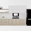 Modern Kitchen Interior With White And Wooden Cabinets Marble Countertop And Black Refrigerator
