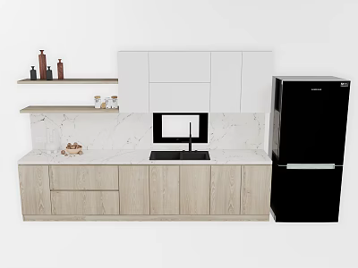 Modern Kitchen Interior With White And Wooden Cabinets Marble Countertop And Black Refrigerator 3d model