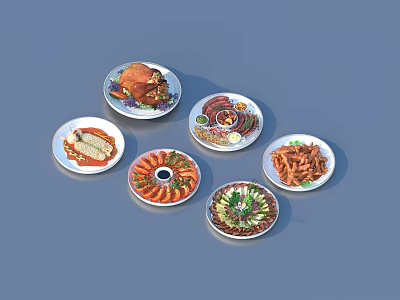 Assorted Delicious Food Plates With Roast Chicken Shrimp Salad Fries And Pasta 3d model