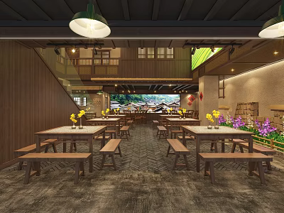 Rustic Restaurant Interior With Wooden Walls Long Tables Benches Hanging Lights And Yellow Purple Flowers 3d model