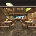 Rustic Restaurant Interior With Wooden Walls Long Tables Benches Hanging Lights And Yellow Purple Flowers