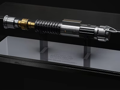 Star Wars Collectible Lightsaber Weapon Displayed In Transparent Case With Metal Gold Accents And Base 3d model