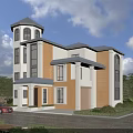 Modern Detached Villa Exterior With Tower Structure Large Windows Yellow White Facade And Green Trees