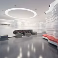 Modern Lobby Interior Design With White Wavy Walls Circular Lights Grey Seats And Red Benches