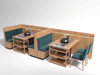 Public Seating In Restaurant With Wooden Booth Green Upholstery And Marble Tabletop 3d model