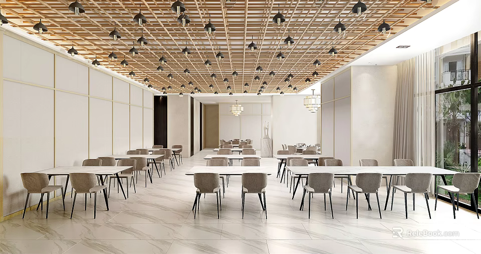 Modern Minimalist Restaurant Interior With Wooden Ceiling Pendant Lights Marble Flooring And Dining Tables 3d model 