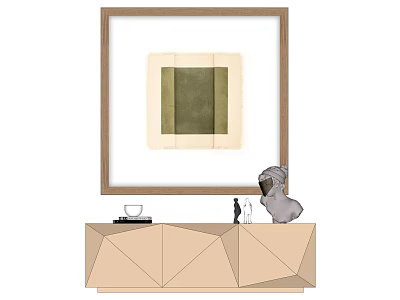 Interior Decor With Wooden Framed Green Artwork And Geometric Cabinet Sculpture 3d model