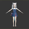 Game Movie Character With White Cat Ears Light Blue Hair Blue Dress Small Bag Sandals