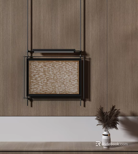 Woven Texture Wall Decor With Black Frame Hanging On Wooden Background And Potted Plant 3d model 