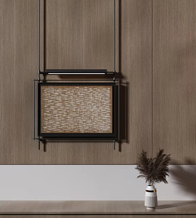 Woven Texture Wall Decor With Black Frame Hanging On Wooden Background And Potted Plant 3d model