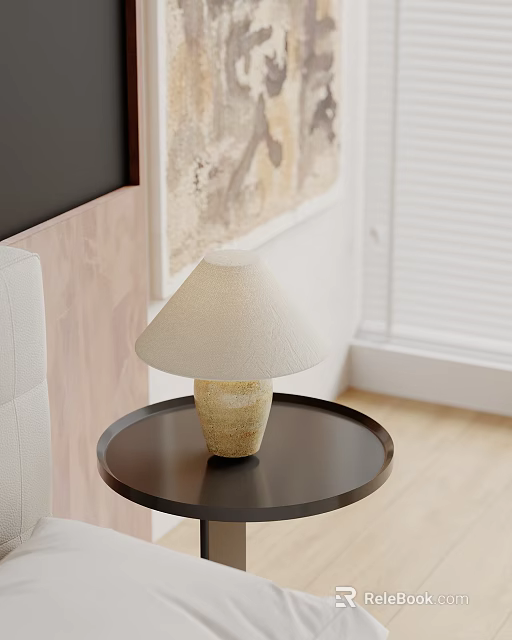 Table Lamp With Beige Shade And Cream Base On Black Round Tray In Bright Room 3d model 
