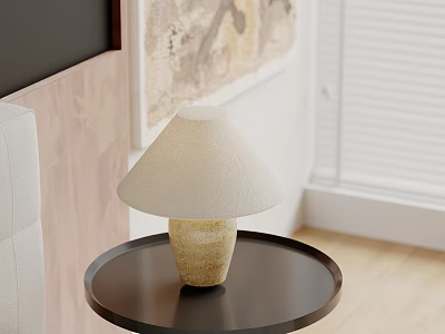 Table Lamp With Beige Shade And Cream Base On Black Round Tray In Bright Room 3d model
