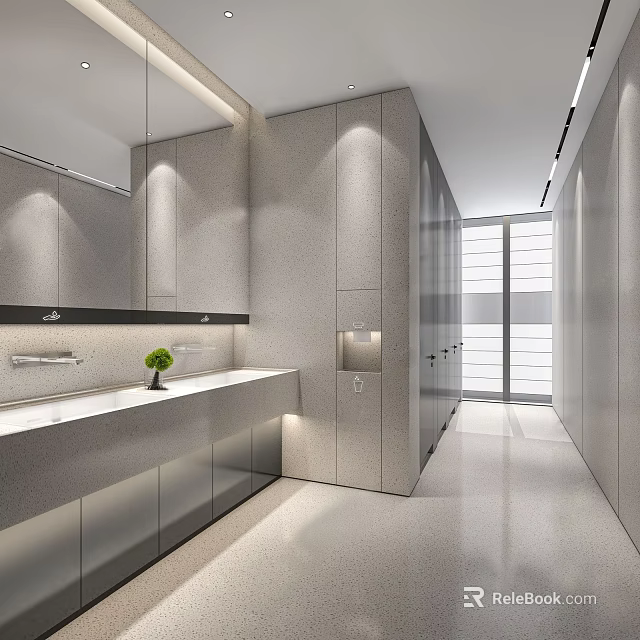 Spacious Modern Public Toilet Interior With Gray Tone Marble Countertop Washbasin Mirror And Lighting Design 3d model 