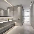 Spacious Modern Public Toilet Interior With Gray Tone Marble Countertop Washbasin Mirror And Lighting Design