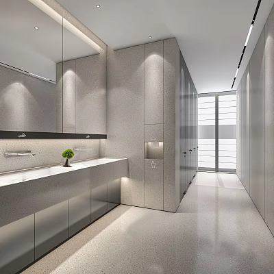Spacious Modern Public Toilet Interior With Gray Tone Marble Countertop Washbasin Mirror And Lighting Design 3d model