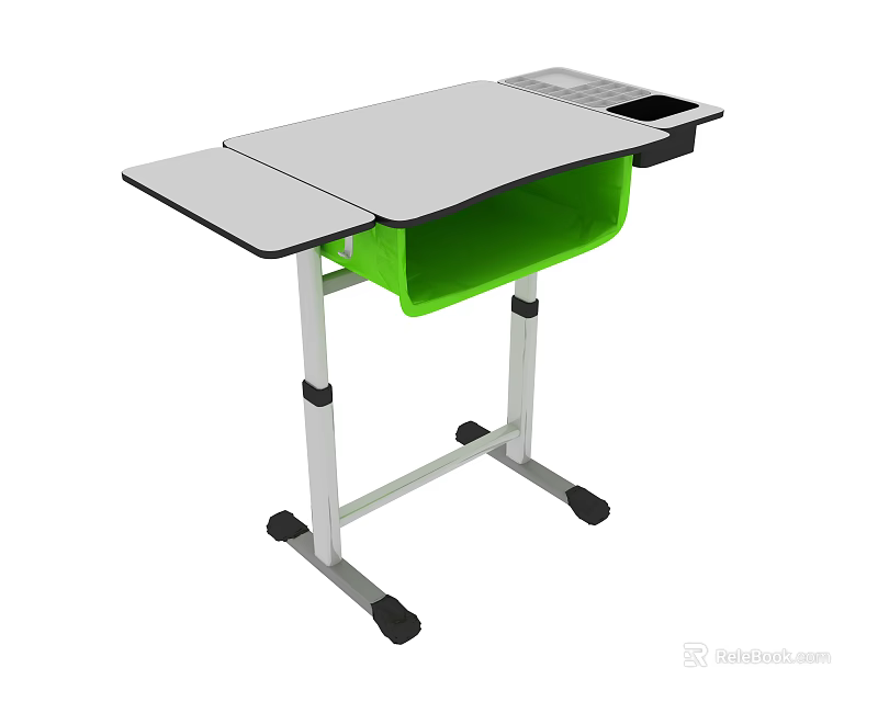 Modern Student Desk With Green Storage Basket Silver Metal Frame And Rolling Wheels 3d model 