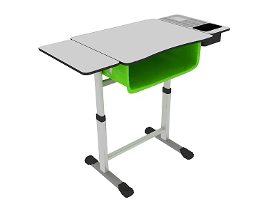 Modern Student Desk With Green Storage Basket Silver Metal Frame And Rolling Wheels 3d model