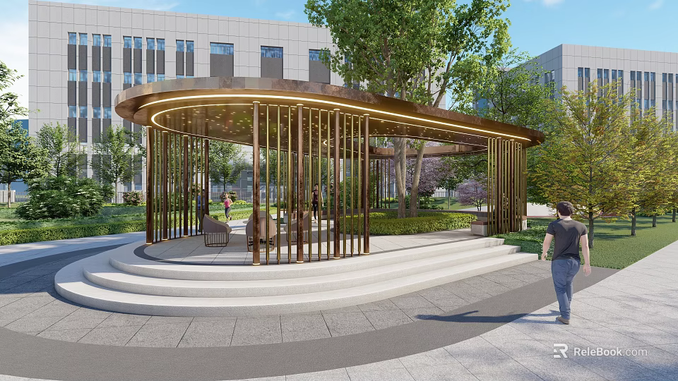 Modern Circular Landscape Pavilion With Illuminated Metal Frame Steps And Greenery Near Modern Building 3d model 