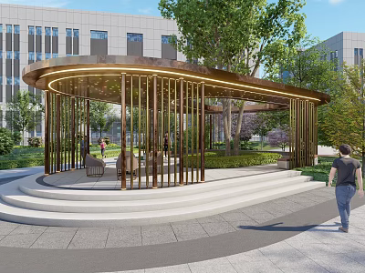 Modern Circular Landscape Pavilion With Illuminated Metal Frame Steps And Greenery Near Modern Building 3d model