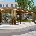 Modern Circular Landscape Pavilion With Illuminated Metal Frame Steps And Greenery Near Modern Building
