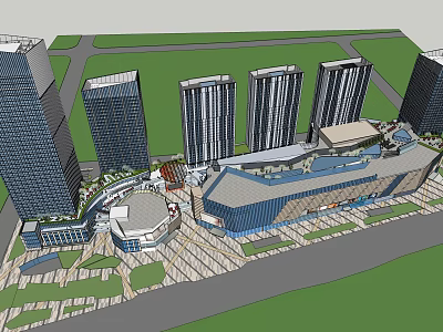 Urban Modern Commercial Complex With High Rise Buildings Open Plaza And Green Lawn Areas 3d model