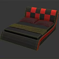 Gray and Red Bed Furniture with Checkerboard Pattern Headboard and Pillows