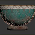 Traditional Hand Drum With Natural Drumhead And Decorative Green White Netting Red Base