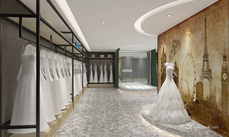 Modern Bridal Shop Interior With Hanging Wedding Dresses Displayed Gown And Decorative Wall 3d model 