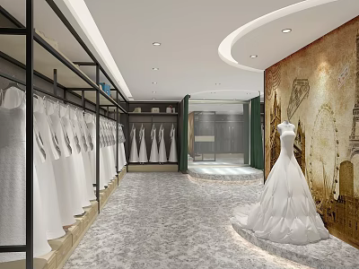 Modern Bridal Shop Interior With Hanging Wedding Dresses Displayed Gown And Decorative Wall 3d model