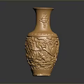 Golden Carved Vase Sculpture With Intricate Patterns And Artistic Design Details