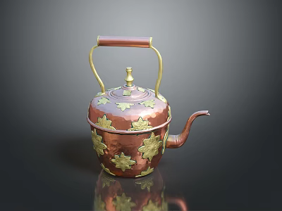 Elegant Copper Teapot With Gold Floral Patterns And Wooden Handle 3d model