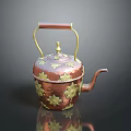 Elegant Copper Teapot With Gold Floral Patterns And Wooden Handle