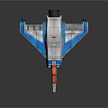 Blue And White Spacecraft Model With Orange Cockpit Wings And Futuristic Cosmic Design