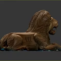 Wooden Lion Sculpture Featuring Detailed Mane Lying Posture And Intricate Body Texture