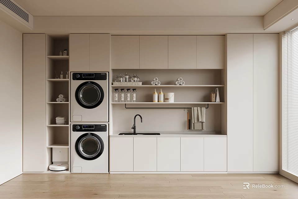 Modern Laundry Room Interior Design With Stacked Washing Machine White Cabinets Sink And Shelf Decorations 3d model 