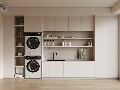 Modern Laundry Room Interior Design With Stacked Washing Machine White Cabinets Sink And Shelf Decorations 3d model