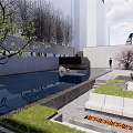 Modern Building Exterior Wall With Metal Panel Black Awning Stone Accent And Green Plant