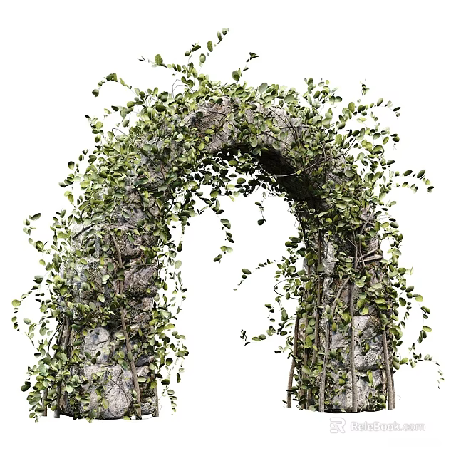 Decorative Stone Arch Pergola Covered With Green Vines And Leaves 3d model 