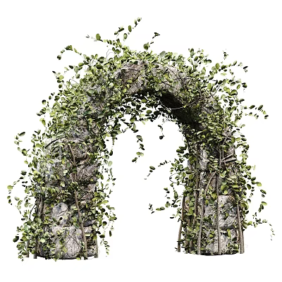 Decorative Stone Arch Pergola Covered With Green Vines And Leaves 3d model