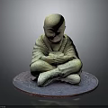 Meditating Man In Traditional Robe Sitting Cross Legged On Circular Mat With Clasped Hands