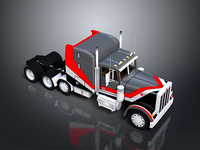 Gray Red And White Heavy Duty Truck 3D Model With Cab And Exhaust Pipes 3d model