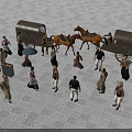 People gathered around horse-drawn carriages with horses in paved square setting