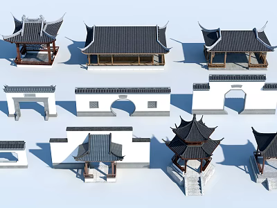 Traditional Chinese Architectural Elements Classic Design with Black Tiled Roofs Pagodas Gates and White-Walled Structures 3d model